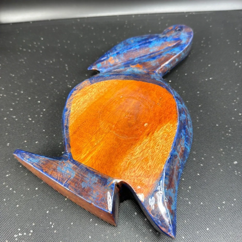Vintage Hand Painted Wooden Pelican Bowl Floral Folk‎ Art Blue Decorative Dish